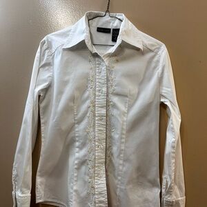 New York & Company White Button-Down Shirt with Front Bead Embellishment